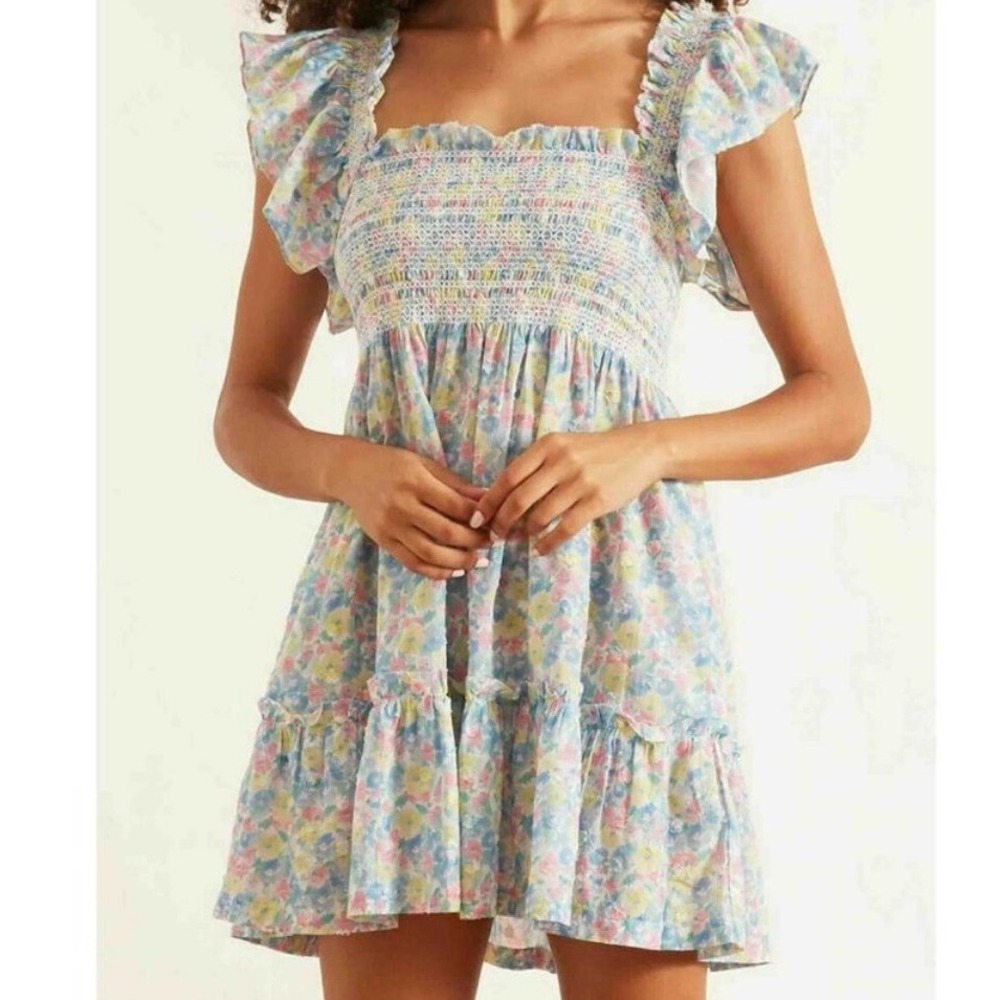 LoveShackFancy Floral Nadja Ruffle‎ Smocked Babydoll Mini Dress - XSmall